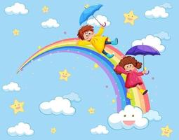 Happy kids in in the sky with rainbow vector