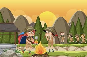 niños acampando escena del bosque vector