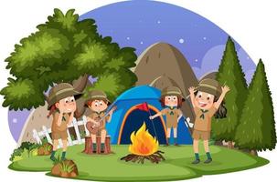 Children camping out forest scene vector