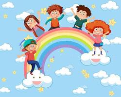 Happy kids in in the sky with rainbow vector