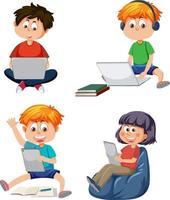 Set of kids using tablet and laptop vector