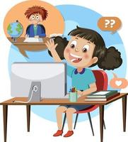 A girl learning online on computer vector