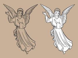 Angel Sketch. Christmas Christian Christmas drawing with black lines isolated on white background and transparent background.  For coloring books and your design. vector