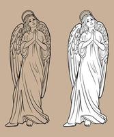 Sketch of a praying angel. Christmas Christian Christmas drawing with black lines isolated on white background and transparent background.  For coloring books and your design. vector