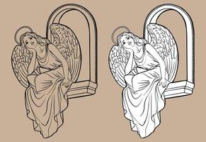 Sketch of an angel on a window. Christmas Christian Christmas drawing with black lines isolated on white background and transparent background.  For coloring books and your design. vector