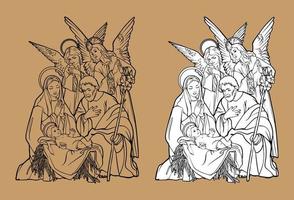Christmas Christian Nativity Scene of baby Jesus in manger with Mary and Joseph vector illustration sketch doodle hand drawn with black lines isolated on white background.  For coloring books.
