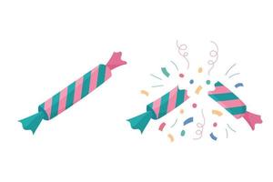 Christmas crackers set. Isolated flat vector illustration of whole and broken holiday candy crackers and confetti. Cute colorful Xmas, New Year and birthday design element