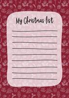 Christmas wish list blank template. Empty Xmas wishlist with copy space. December doodles background. Vector illustration. Vertical A4 format of paper