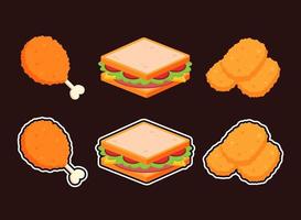 Collection of fast foods. Set of junk foods. Fried chicken drumstick, sandwich, and nuggets. Set of restaurant menus concept. Cute cartoon meal dish icon. Vector sticker. Graphic design illustration.