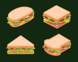 Set of isometric sandwiches with bread, ham, tomato, cheese, cucumber, onion, and lettuce. Fast food concept. Breakfast or lunch dish. Cartoon meal icon. Vector graphic design cuisine illustration.