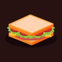 Sandwich with bread, sliced bologna, tomato, cheese, and lettuce. Breakfast, lunch, or dinner dish. Delicious fast food concept. Cartoon restaurant meal icon. Flat vector graphic design illustration.