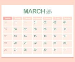 calendario para el año 2023. marzo. plantilla de planificador corporativo de oficina en colores pastel. página de calendario de pared o escritorio. minimalismo la semana comienza el domingo vector