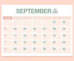 Calendar for year 2023. September. Office Corporate planner template in pastel colors vector