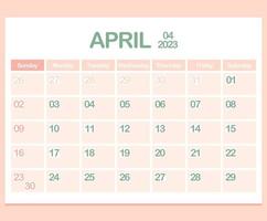 calendario para el año 2023. abril. plantilla de planificador corporativo de oficina en colores pastel. página de calendario de pared o escritorio. minimalismo la semana comienza el domingo vector