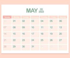 Calendar for year 2023. May. Office Corporate planner template in pastel colors. Wall or Desktop calendar page. Minimalism. Week starts on Sunday vector