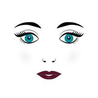 Ilustración de vector de cara de mujer joven linda. cara de muñeca con ojos azules, pestañas, cejas y labios rojos burdeos sobre fondo blanco.