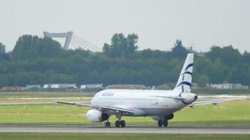 DUSSELDORF, GERMANY JULY 22, 2017 - Aegan Airlines Airbus A320 SX DVK accelerate and departure. Dusseldorf Airport, Germany video