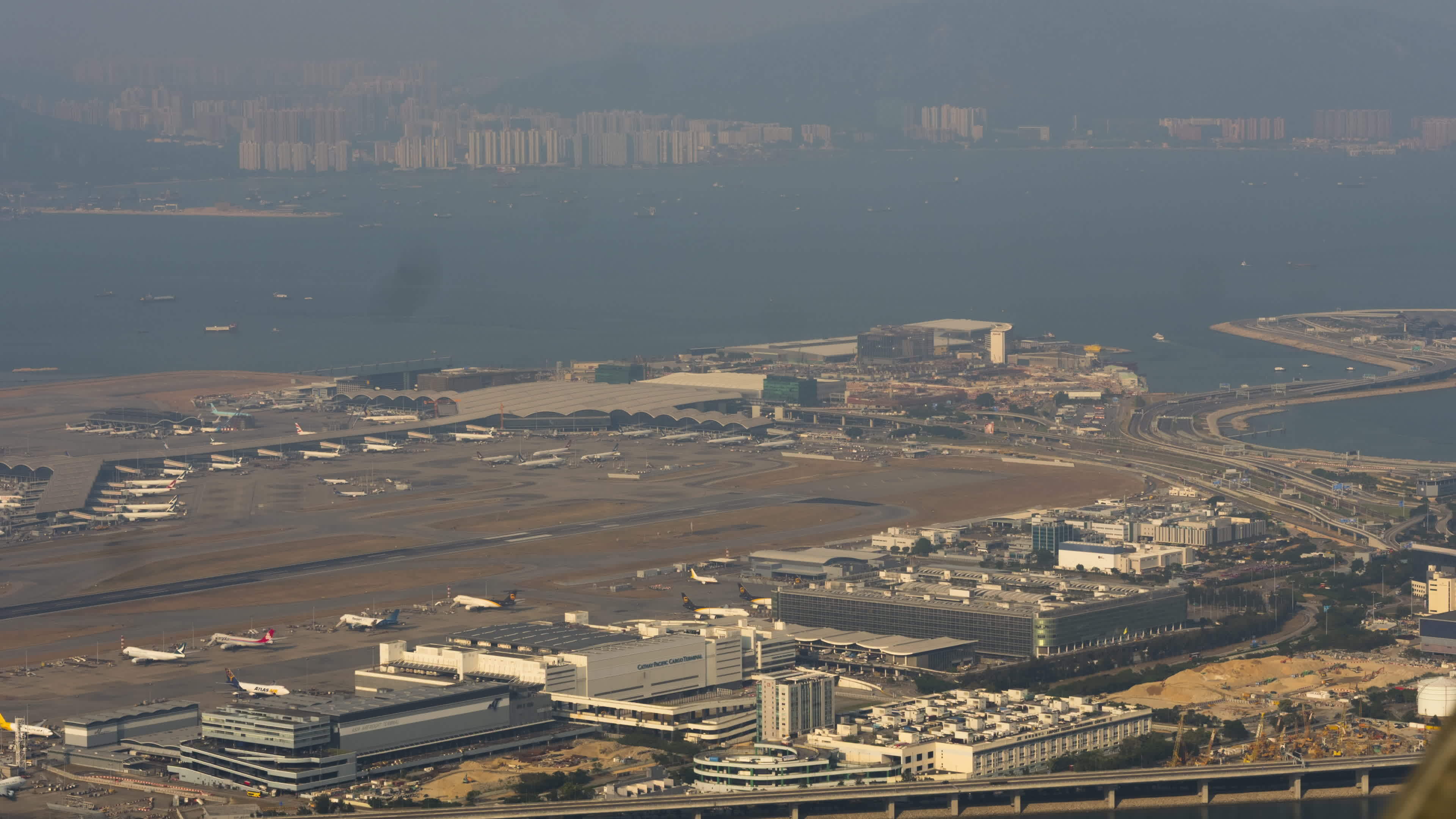HONG KONG NOVEMBER 09, 2019 Aerial view timelapse of Hong Kong International Airport Chek Lap