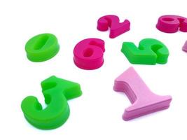 Close up of colorful numbers on a white background perfect for children's education photo