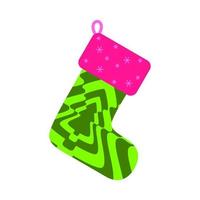 Empty christmas stocking isolated on white background. Decorative bright sock with groovy fur. Concept Christmas and New Year. Trendy y2k retro hippie hypnotic print. Colorful vector illustration