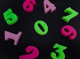 Close up of colorful numbers on a black background perfect for children's education photo