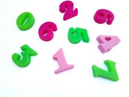 Close up of colorful numbers on a white background perfect for children's education photo