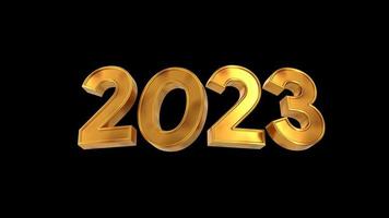 feliz año nuevo 2023 texto dorado con fondo negro aislado ilustración 3d que representa video de resolución 4k
