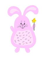 lindo conejo rosa con una estrella. lindo elemento de diseño para ropa y tarjetas para niños. felices pascuas, conejo dibujado a mano. vector, ilustración. vector