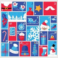 calendario de adviento para navidad con adornos y decoraciones de vacaciones de invierno. calendario de adviento de diciembre con fechas contando los días hasta la celebración de navidad. ilustración vectorial en estilo plano. vector