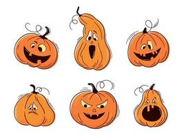 One line hand drawn Halloween emoticon pumpkins set. Jack o Lantern. Funny faces isolated on white. Vector collection of cute pumpkins for logo, poster, emblem.