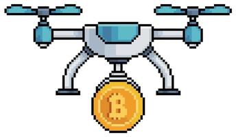 Pixel art drone with bitcoin vector icon for 8bit game on white background