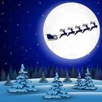 Night christmas forest landscape. Santa Claus flies reindeer in the background of the moon vector
