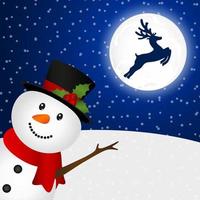 Snowman goodbye, waving Santa Claus flies reindeer on the background of the moon vector