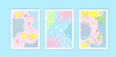 Set of eight abstract backgrounds. Hand drawn various shapes and doodle objects. Contemporary modern trendy vector illustrations. Every background is isolated. Pastel colors