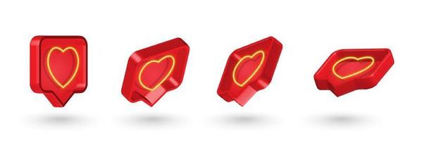 Vector set like heart icon on a red pin isolated on white background. Neon Like symbol. 3d vector illustration.