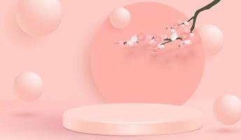 escena mínima abstracta con formas geométricas. podio de cilindro en fondo rosa con flor rosa de sakura. presentación de productos, maquetas, productos de exhibición, podio, pedestal de escenario o plataforma. vectores 3d