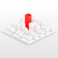 Isometric city red point. Geolocation map with buildings and roads. Minimalistic navigation map. Location with pin pointer. Isometric vector illustration of part some city or town