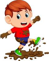 Little boy enjoy playing in the mud vector