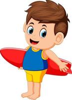 Happy surfer man is holding surfboard vector