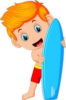 Cute surfer man is holding surfboard vector