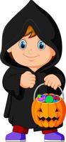 Cute kid witch walking in black cloak vector