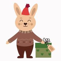 Cute cartoon beige rabbit in Santa hat holding a gift. Winter vector illustration with an animal isolated on a white background.