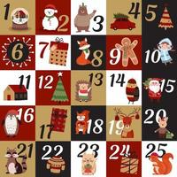 Advent calendar. Winter holiday poster, December dates of festive events with Christmas characters Santa Claus, deer and bear in the window with an ornament of red and gold colors vector greeting card