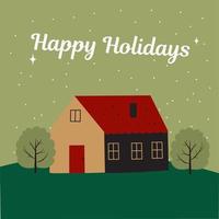 Vector picture of a green post with the image of a house and trees, with the text happy holidays