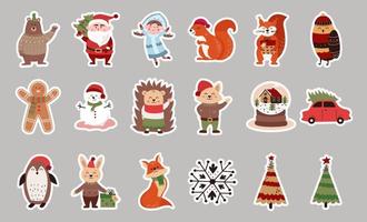 Christmas vector set of cartoon characters and stickers, rabbit fox and penguin. Vector illustration