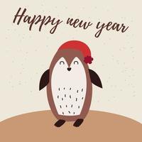 imagen vectorial de color beige con la imagen de un lindo pingüino, con el texto feliz año nuevo. vector