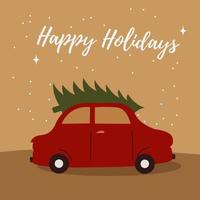 Vector image of a golden-colored post with an image of a car with a Christmas tree, and the text of happy holidays