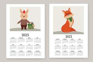 Vector illustration of the calendar year 2023. The week starts on Sunday. With a picture of a rabbit, hare and fox