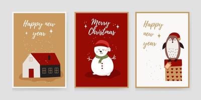 conjunto navideño de fondos, tarjetas de felicitación, carteles web, portadas navideñas. diseño con la imagen de una casa, un muñeco de nieve, un pingüino sentado en una caja de regalo. plantillas de banner para la fiesta de navidad. vector
