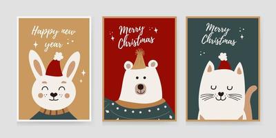 Christmas set of backgrounds, greeting cards, web posters, holiday covers. Design with the image of a hare, cat, bear, rabbit. Banner templates for the Christmas party. vector